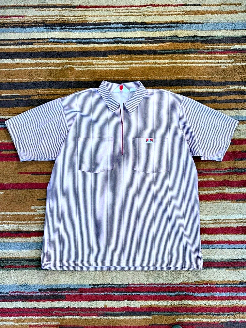 Ben Davis Short Sleeve Half-Zip Work Shirt Striped Polo